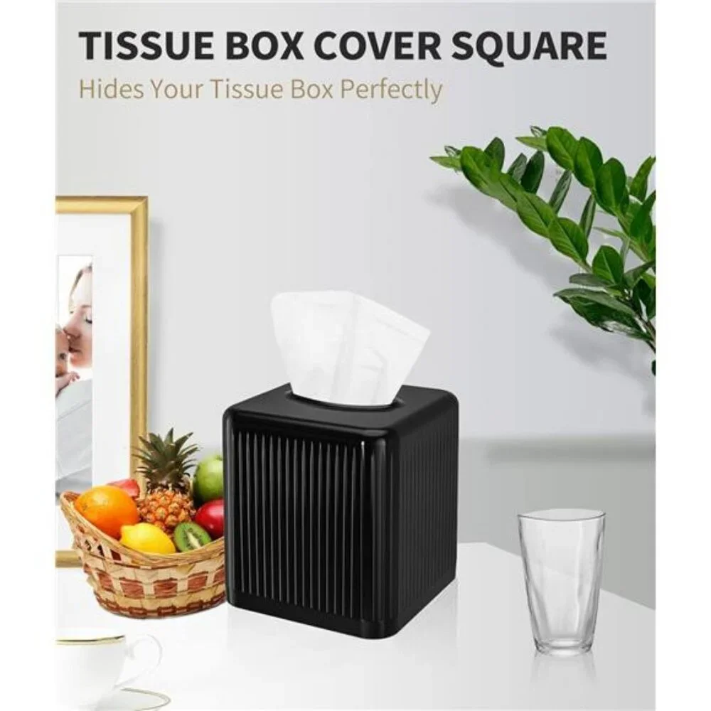 Black plastic square tissue box cover cube tissue holder for bathroom bedroom of